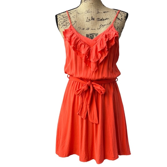 Lush Dresses & Skirts - Lush Tangerine Ruffle Front Tie Waist Adjustable Strap Mini Dress Size M EUC